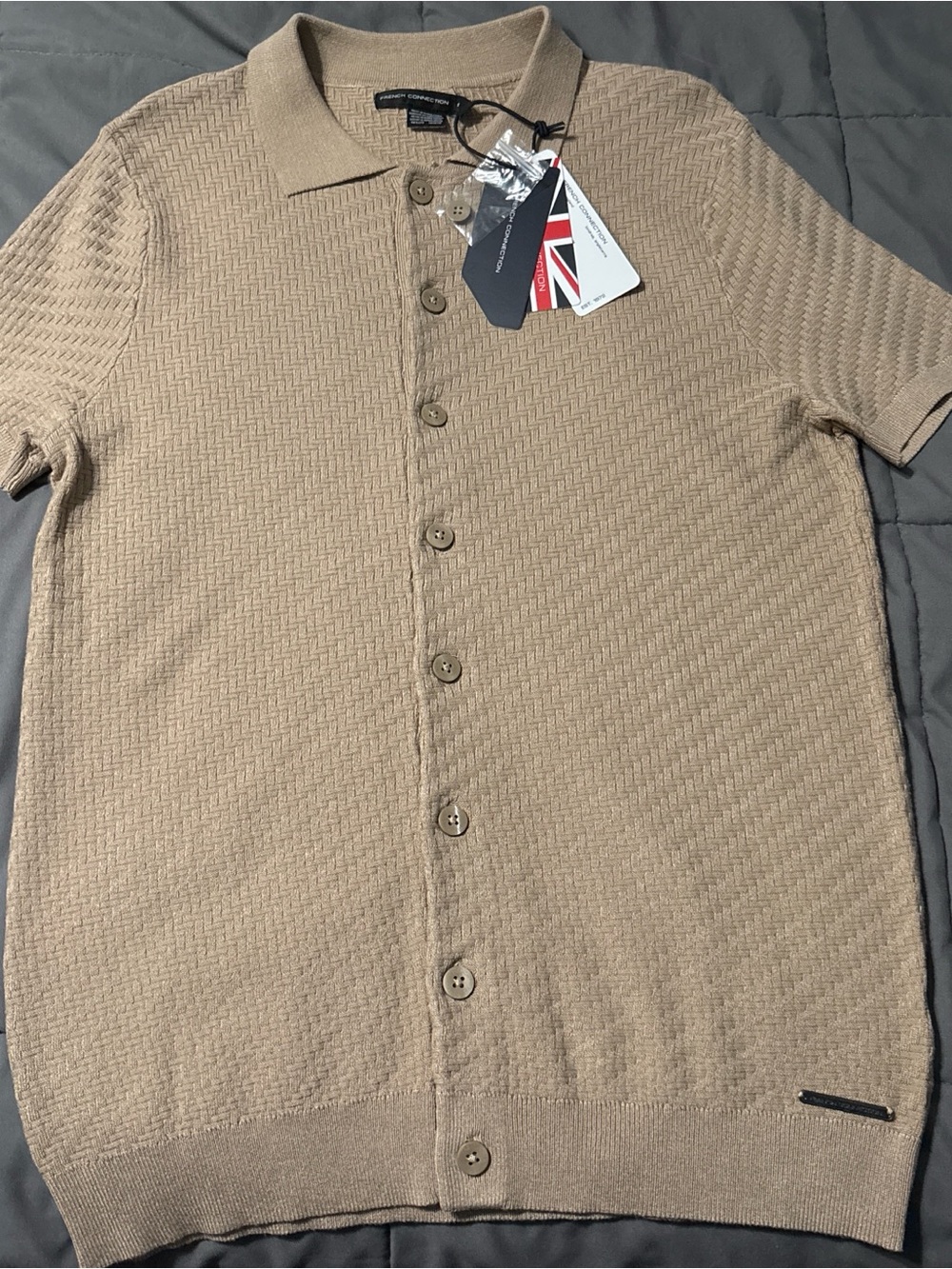 French Connection Men's Beige Short-Sleeve Knit Polo Cardigan